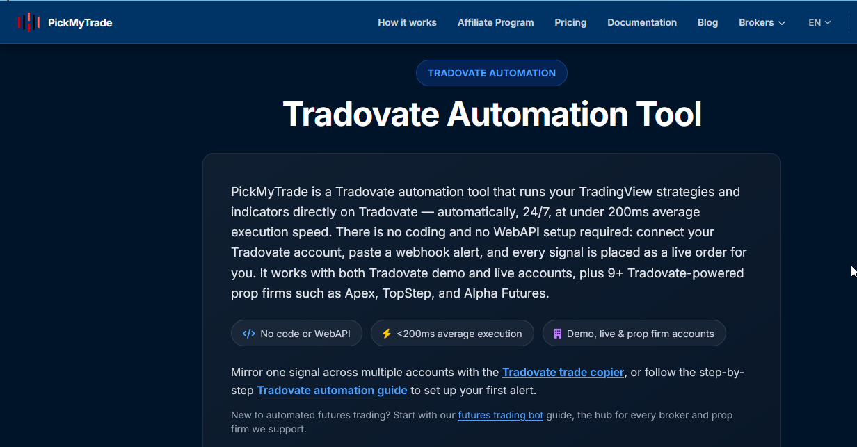 Webhook bridge dashboard connecting a Tradovate account for TradingView automation