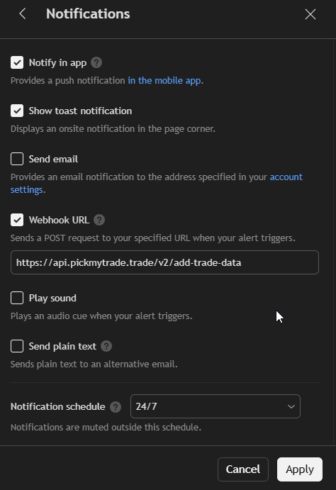 TradingView alert Notifications tab with Webhook URL enabled for Tradovate routing