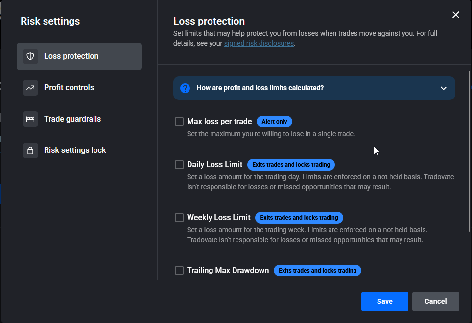 Tradovate Risk Settings panel expanded showing account-level risk limit fields