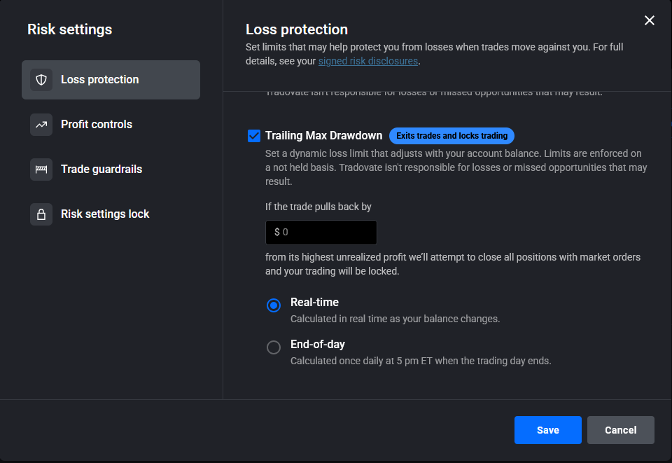 Trader enabling the Trailing Max Drawdown toggle and entering a dollar value in Tradovate Risk Settings