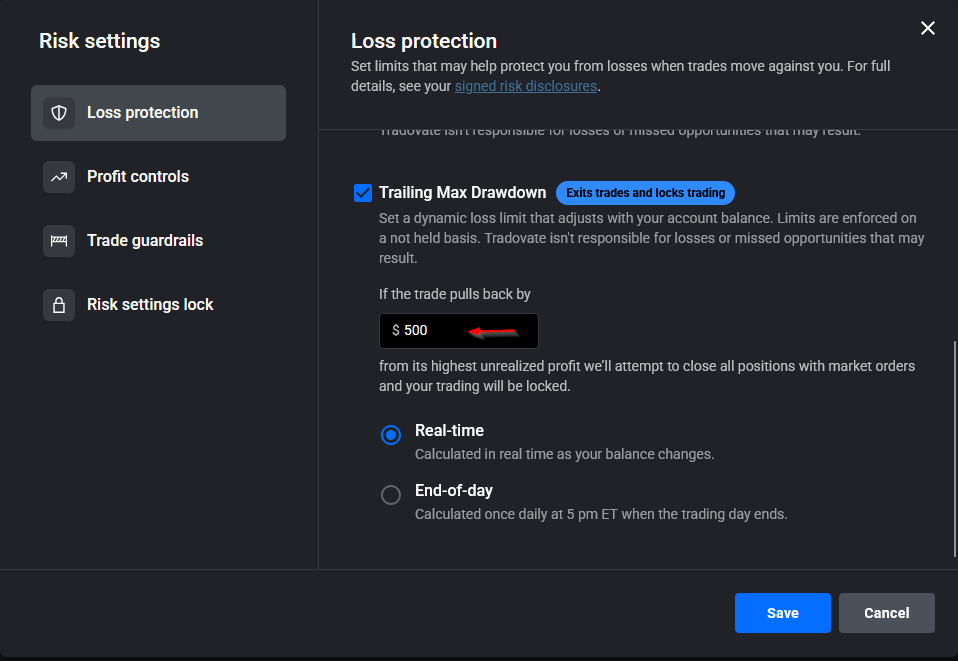 Tradovate Risk Settings showing a non-zero trailing max drawdown value next to the account equity