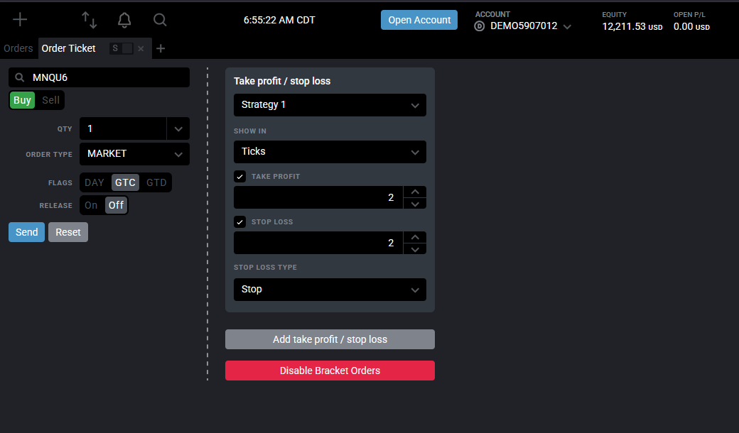 Tradovate web order ticket open with an active front-month futures contract and account selected