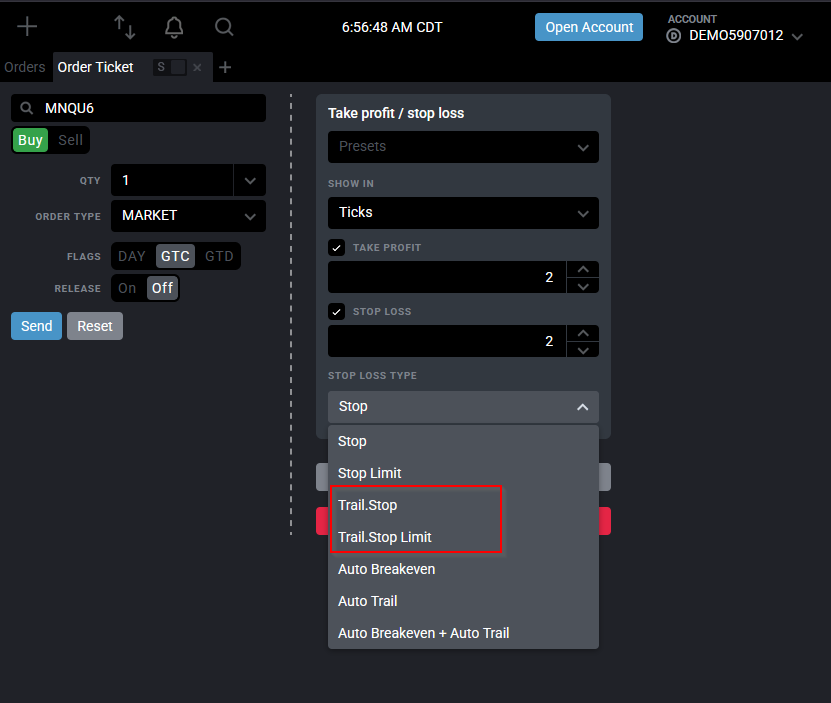 Tradovate order ticket order-type selector showing the Trailing Stop and Trailing Stop Limit options