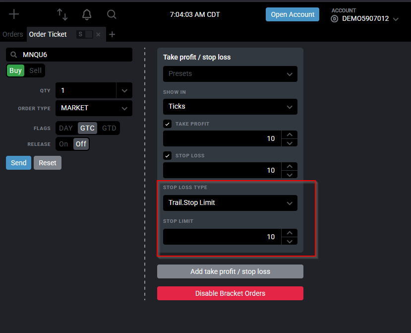 Tradovate trailing stop order ticket with the trail distance entered in ticks