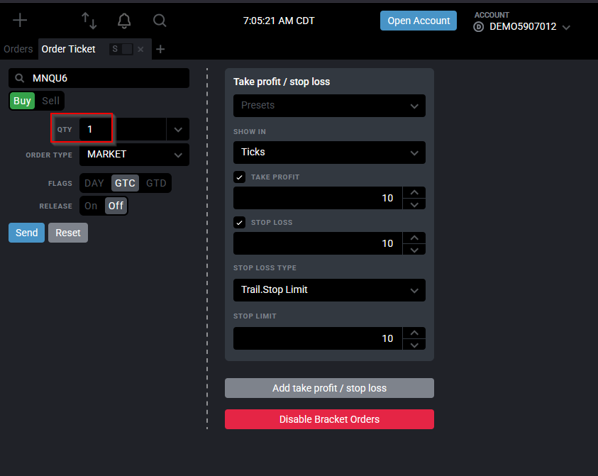 Tradovate order ticket with side and quantity set, ready to submit a trailing stop