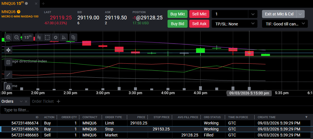 Tradovate Orders panel showing a working trailing stop order following the market