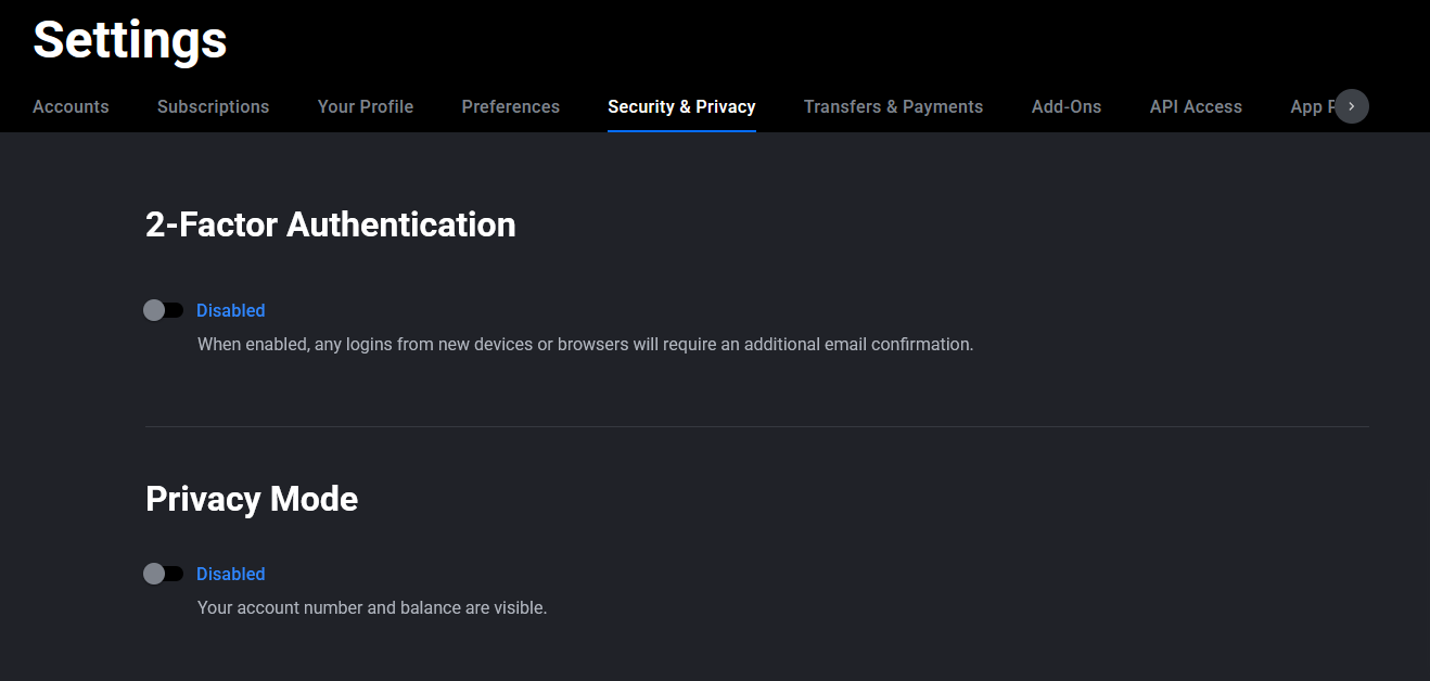 Tradovate Application Settings menu with the Security tab highlighted
