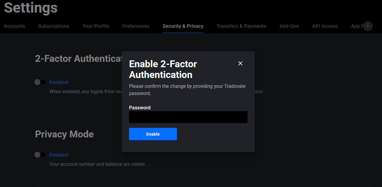 Tradovate Security page showing the 2-Factor Authentication control and password confirmation prompt