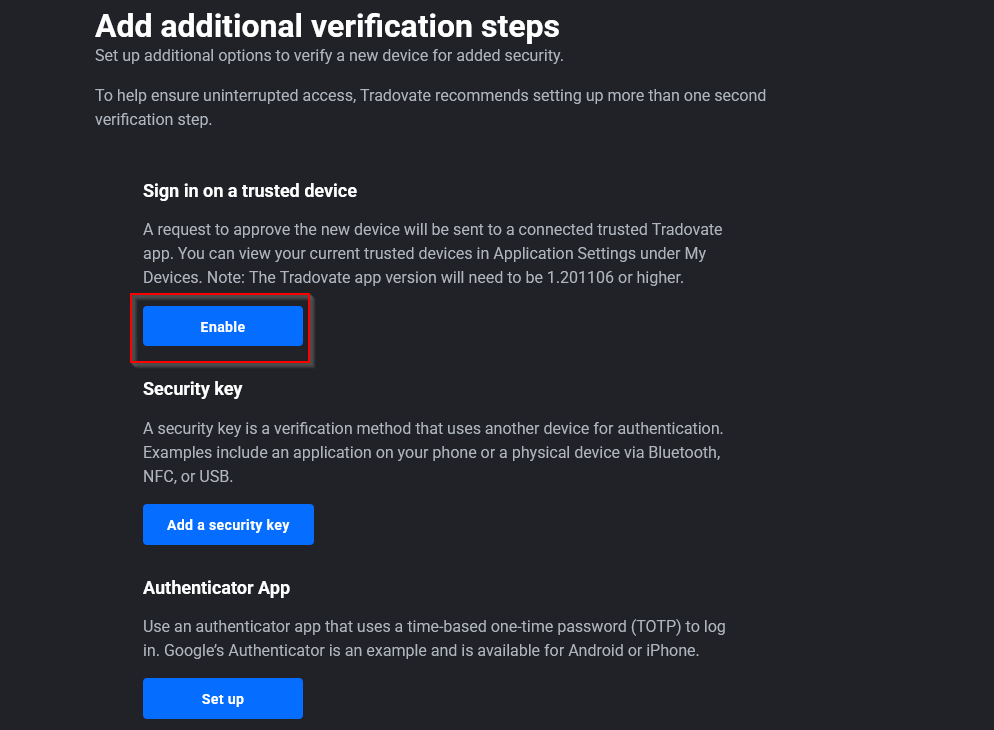 Tradovate Sign In On A Trusted Device toggle below the 2FA control