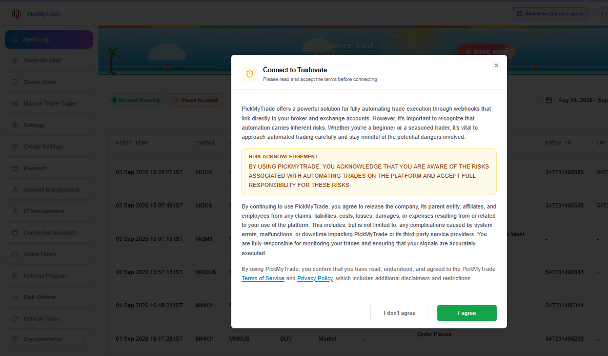Tradovate authorization prompt granting a third-party vendor access to the account