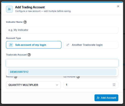 Account selection screen showing the linked Tradovate accounts available for routing