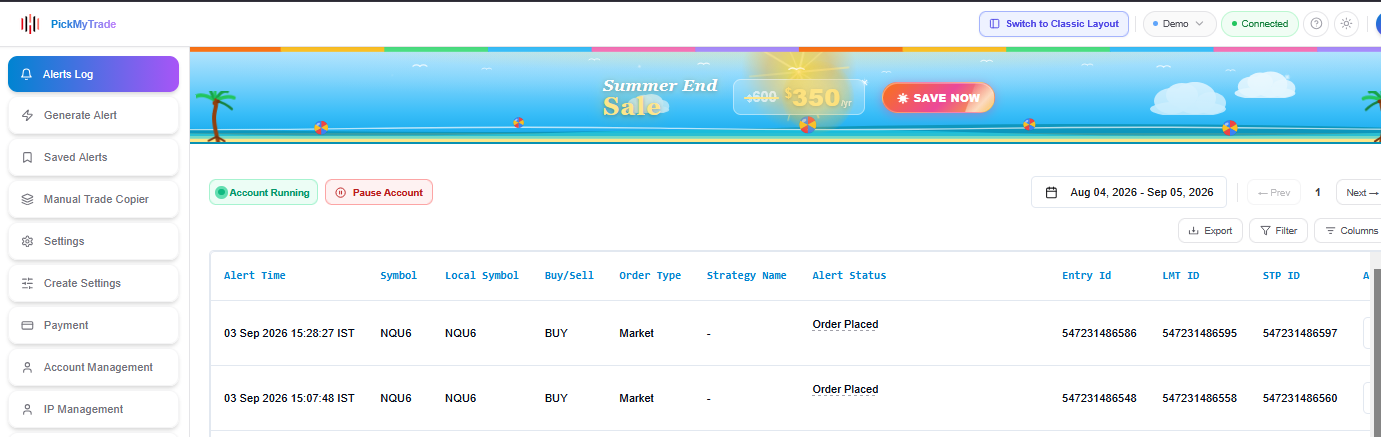 Tradovate Orders panel showing a test order that arrived through the vendor connection