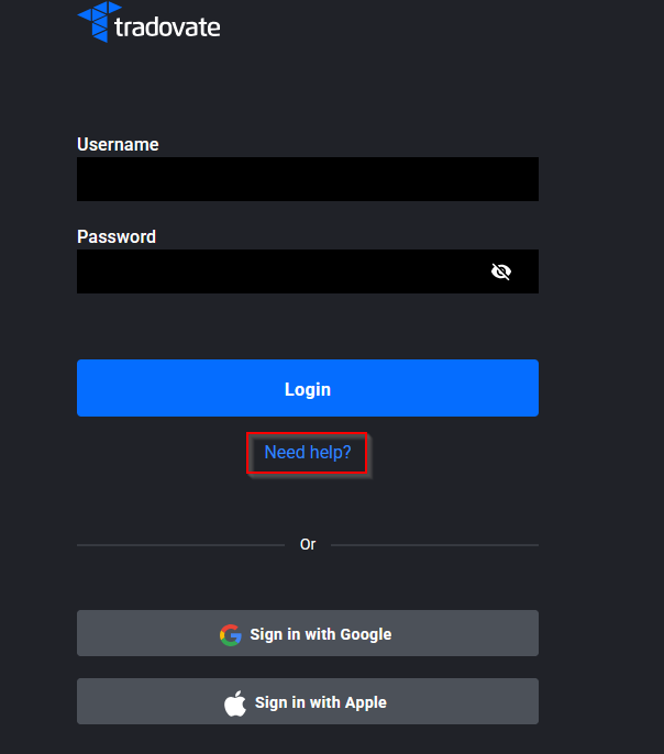 Tradovate login screen with the Need help link below the sign-in fields