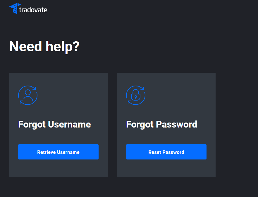 Tradovate account recovery page showing Retrieve Username and Reset Password options