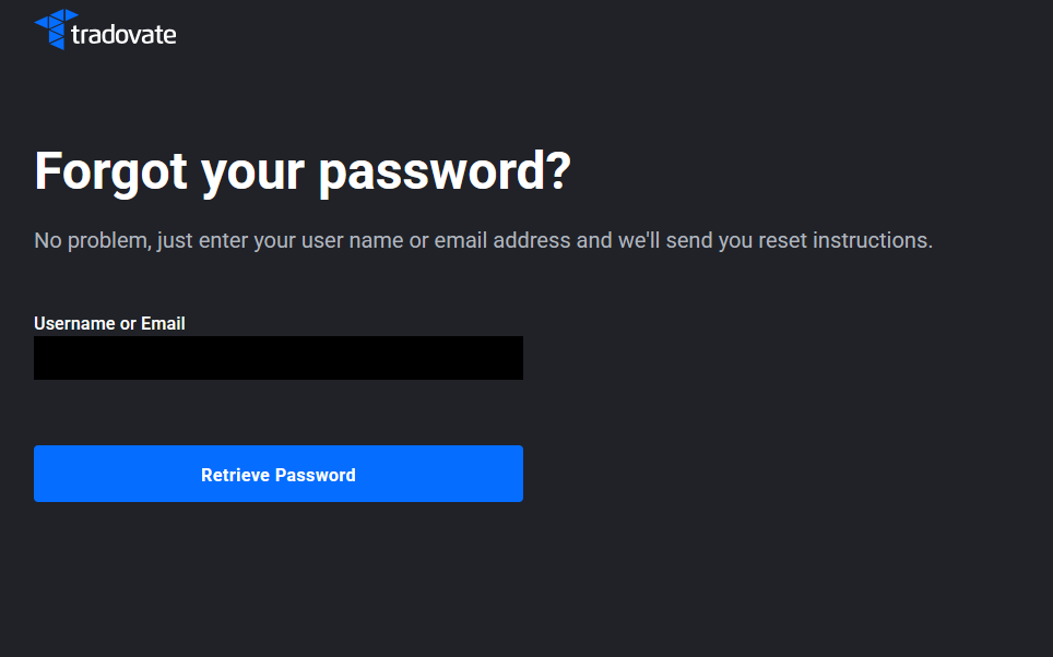 Tradovate Forgot Password form with a field for a username or email address