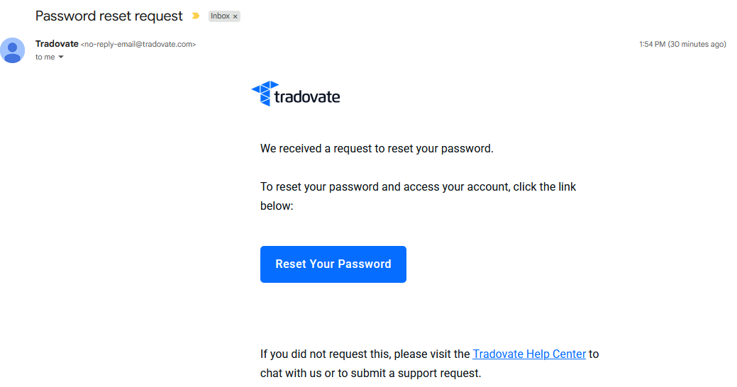 Verification email from Tradovate open in an inbox with the confirmation link